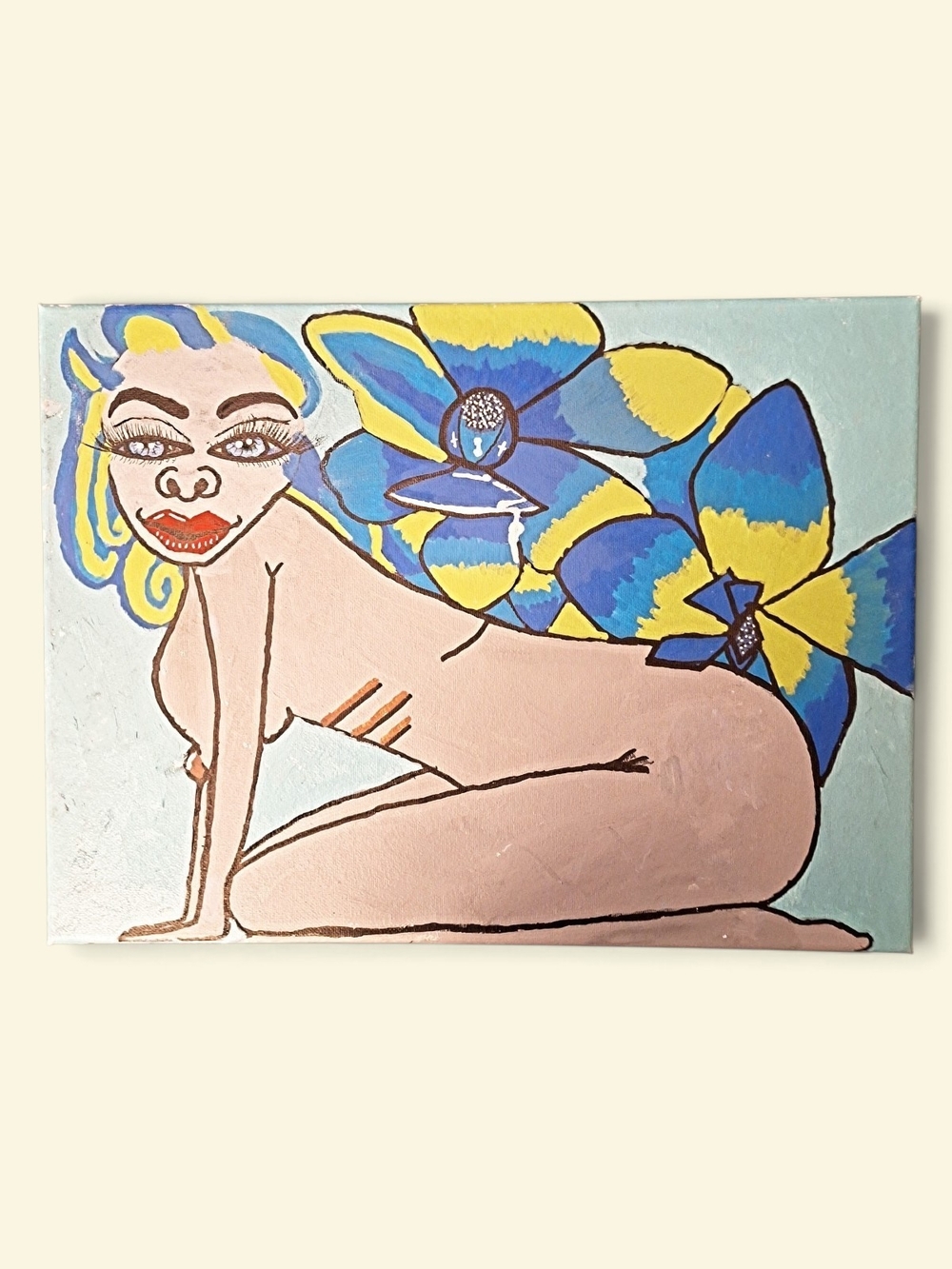 Modern Blue & Yellow Floral Nude Canvas Art